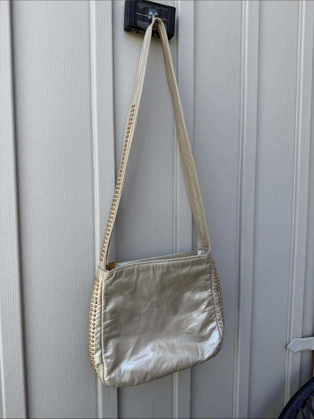 PINKY Genuine Leather Studded Metallic Cream Shoulder / Crossbody Bag